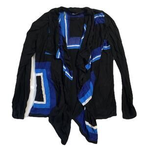 INC International Concepts Women Cardigan PETITE M Black Blue Geometric Open